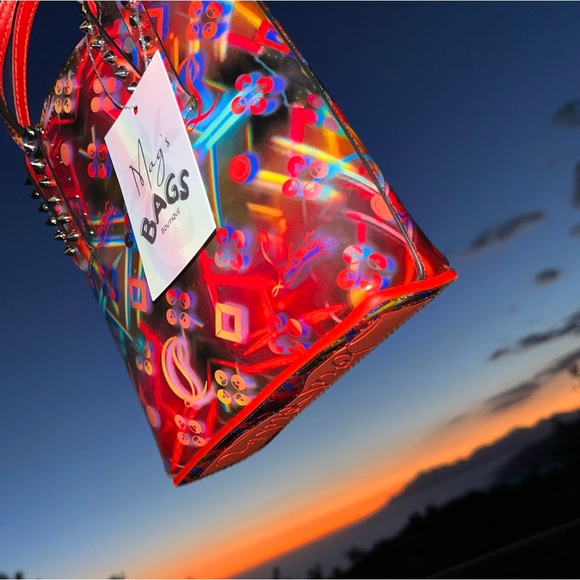 Louboutin: Holographic Patent Cabata Spiked Leather Mini Tote Crossbody Bag - Picture 10 of 17